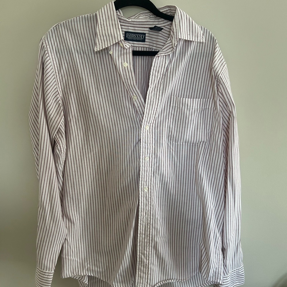 Lands’ End Men’s Oxford Stripe Button Down Shirt | Size 16-35 | White & Burgundy